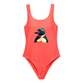 Pinguin Zeichentrickfigur Buntes Haustier Tier - Frauen Badeanzug - Korallenrot - Vorne - AI Model Female 172 light (172cm)