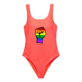 Regenbogenfarbe Flagge Hand Faust Symbol - Frauen Badeanzug - Korallenrot - Vorne - AI Model Female 172 light (172cm)