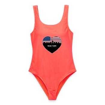 New York New York USA Flagge Skyline Reise Souvenir - Frauen Badeanzug - Korallenrot - Vorne - AI Model Female 172 light (172cm)