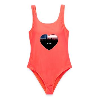 Miami Florida USA Flagge Skyline Reise Souvenir - Frauen Badeanzug - Korallenrot - Vorne - AI Model Female 172 light (172cm)