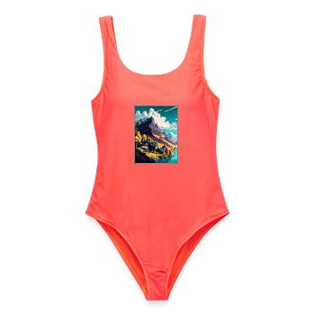 Wallis Schweiz Vintage Reiseposter Souvenir - Frauen Badeanzug - Korallenrot - Vorne - AI Model Female 172 light (172cm)