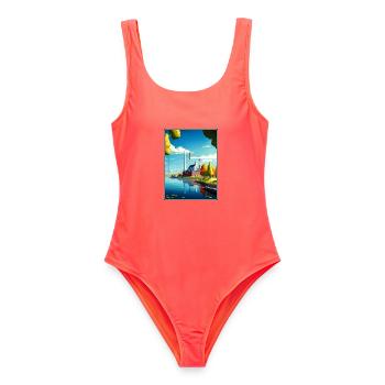Wolfsburg Deutschland Vintage Reiseposter Souvenir - Frauen Badeanzug - Korallenrot - Vorne - AI Model Female 172 light (172cm)