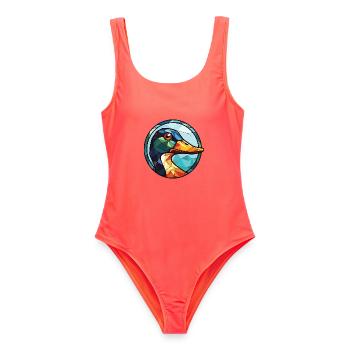 Bunte Aquarell-Tierhaustierillustration der Ente - Frauen Badeanzug - Korallenrot - Vorne - AI Model Female 172 light (172cm)