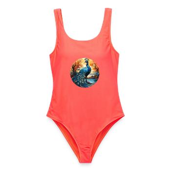 Bunte Aquarell-Tierillustration des Pfaus - Frauen Badeanzug - Korallenrot - Vorne - AI Model Female 172 light (172cm)