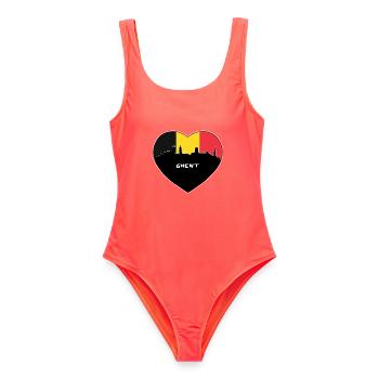Flaggen-Skyline-Reise-Andenken Gents Belgien - Frauen Badeanzug - Korallenrot - Vorne - AI Model Female 172 light (172cm)