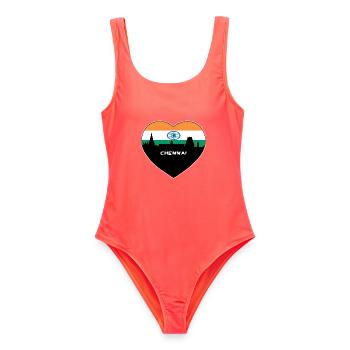 Chennai Indien Flagge Skyline Reise Souvenir - Frauen Badeanzug - Korallenrot - Vorne - AI Model Female 172 light (172cm)