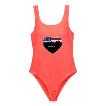 Detroit Michigan USA Flagge Skyline Reise Souvenir - Frauen Badeanzug - Korallenrot - Vorne - AI Model Female 172 light (172cm)