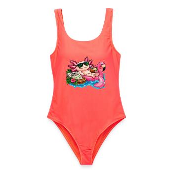 Axolotl im Pool – Stonks Börsen Humor - Frauen Badeanzug - Korallenrot - Vorne - AI Model Female 172 light (172cm)