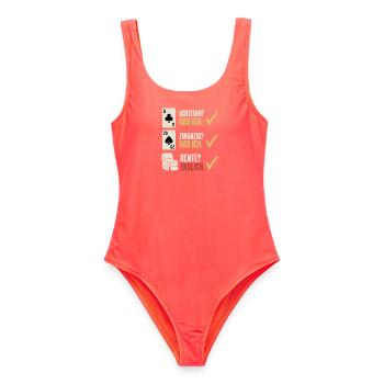 Achtzehn zwanzig Rente endlich – Skat Rentner - Frauen Badeanzug - Korallenrot - Vorne - AI Model Female 172 light (172cm)