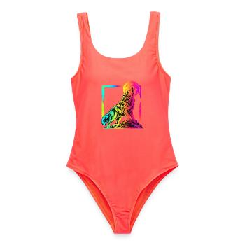 Heulender Wolf – Buntes Neon Graffiti Motiv - Frauen Badeanzug - Korallenrot - Vorne - AI Model Female 172 light (172cm)