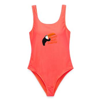 Tukanst alles schaffen – Lustiger Tukan Motiv - Frauen Badeanzug - Korallenrot - Vorne - AI Model Female 172 light (172cm)