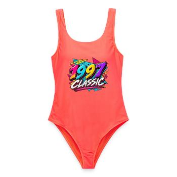 1997 Classic Neon Retro - Frauen Badeanzug - Korallenrot - Vorne - AI Model Female 172 light (172cm)