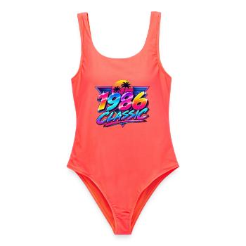 1986 Klassische Neonpalme - Frauen Badeanzug - Korallenrot - Vorne - AI Model Female 172 light (172cm)