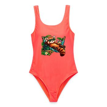 Roter Panda im Urlaub – Aktien und Entspannung - Frauen Badeanzug - Korallenrot - Vorne - AI Model Female 172 light (172cm)