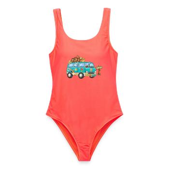70er Camper Wohnmobil - Frauen Badeanzug - Korallenrot - Vorne - AI Model Female 172 light (172cm)