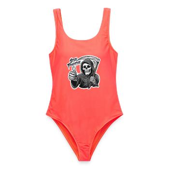 Bleib Positiv Grim Reaper Skelett Humor - Frauen Badeanzug - Korallenrot - Vorne - AI Model Female 172 light (172cm)