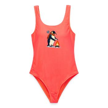 Pinguin mit Schal am Lagerfeuer - Frauen Badeanzug - Korallenrot - Vorne - AI Model Female 172 light (172cm)