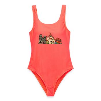 Trier Skyline im bunten Wachsmalstil - Frauen Badeanzug - Korallenrot - Vorne - AI Model Female 172 light (172cm)