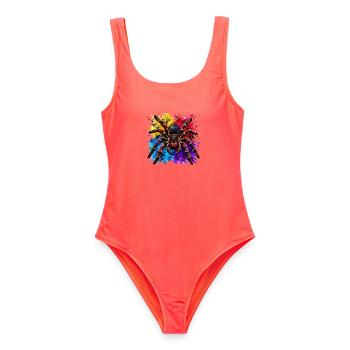 Neon Tarantel  Psychodelische Spinne im Farbklecks - Frauen Badeanzug - Korallenrot - Vorne - AI Model Female 172 light (172cm)