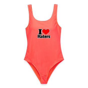 I Love Haters – Lustiger Statement Spruch - Frauen Badeanzug - Korallenrot - Vorne - AI Model Female 172 light (172cm)