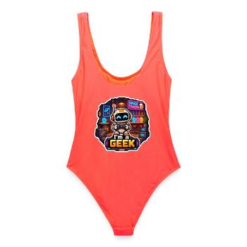 ICH BIN EIN NERD – Neon Space Robot Bar - Frauen Badeanzug - Korallenrot - Hinten - AI Model Female 172 light (172cm)