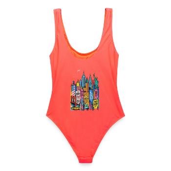 NYC Rainbow Cityscape StreetArt - Frauen Badeanzug - Korallenrot - Hinten - AI Model Female 172 light (172cm)