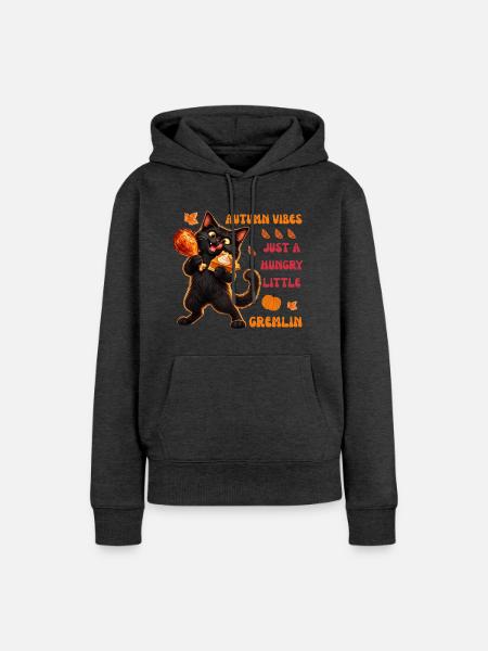 Herbststimmung: Hungriger schwarzer Katzen-Gremlin - Frauen Premium Bio Hoodie - Anthrazit meliert