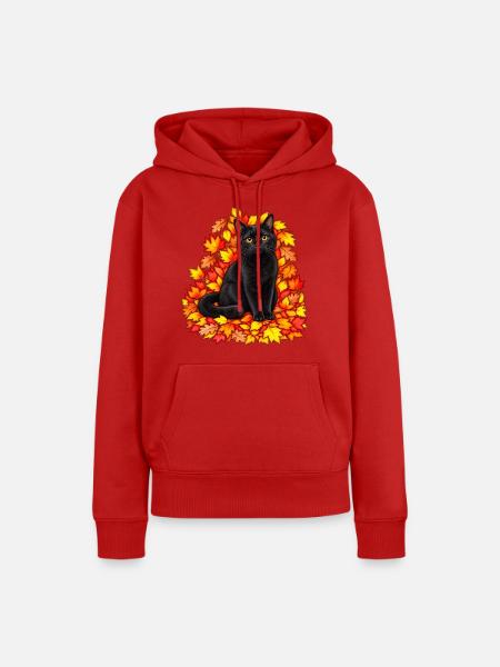 Schwarze Katze im Herbstlaub - Frauen Premium Bio Hoodie - Rot