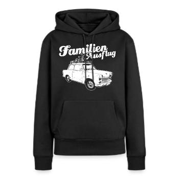 "Familienausflug" DDR Oldtimer Trabi-Motiv - Frauen Premium Bio Hoodie - Schwarz - Vorne - Julia (174cm)