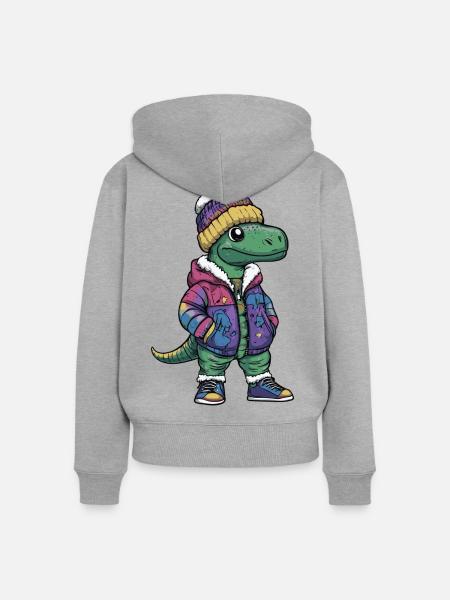 Dinosaurier mit Winterjacke und Mütze - Frauen Premium Bio Zip Hoodie - Grau meliert