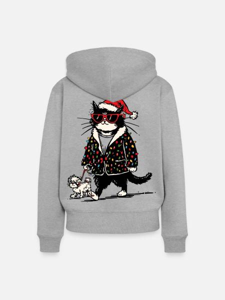 Cool Christmas Lights Cat Walking Dog - Frauen Premium Bio Zip Hoodie - Grau meliert
