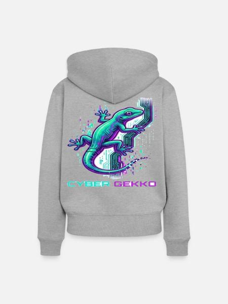 Cyber Gekko – Neon Circuit Echse - Frauen Premium Bio Zip Hoodie - Grau meliert