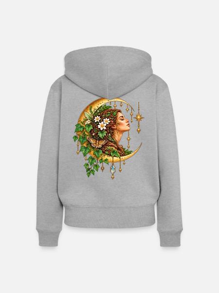 Mondgöttin im Blattkranz - Frauen Premium Bio Zip Hoodie - Grau meliert
