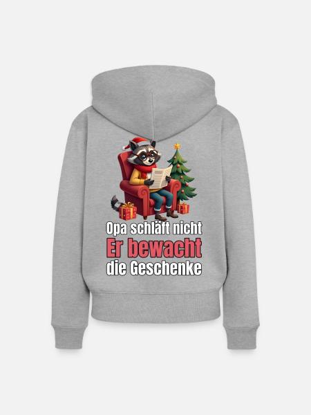 Waschbär-Opa bewacht die Geschenke - Frauen Premium Bio Zip Hoodie - Grau meliert