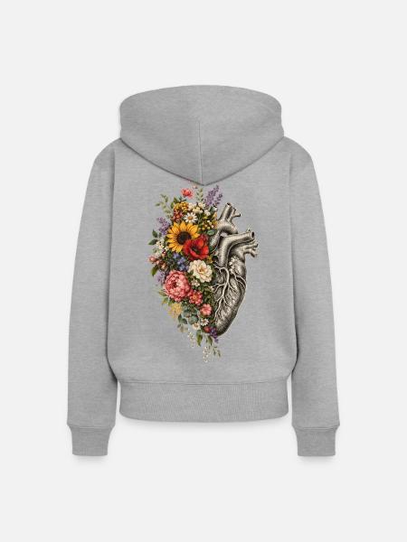 Blütenherz: Florales Anatomie-Design - Frauen Premium Bio Zip Hoodie - Grau meliert