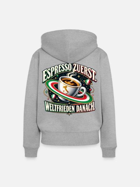 Espresso zuerst. Weltfrieden danach. - Frauen Premium Bio Zip Hoodie - Grau meliert