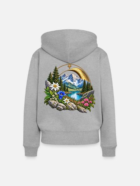 Bergsee-Landschaft im Goldring - Frauen Premium Bio Zip Hoodie - Grau meliert