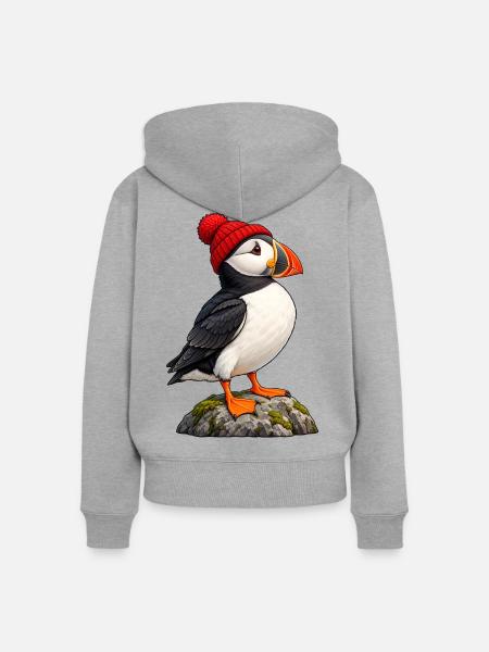 Papageitaucher mit roter Bobble-Mütze - Frauen Premium Bio Zip Hoodie - Grau meliert