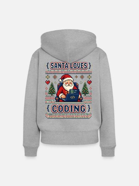 Santa Loves Coding Pixel Ugly Sweater - Frauen Premium Bio Zip Hoodie - Grau meliert