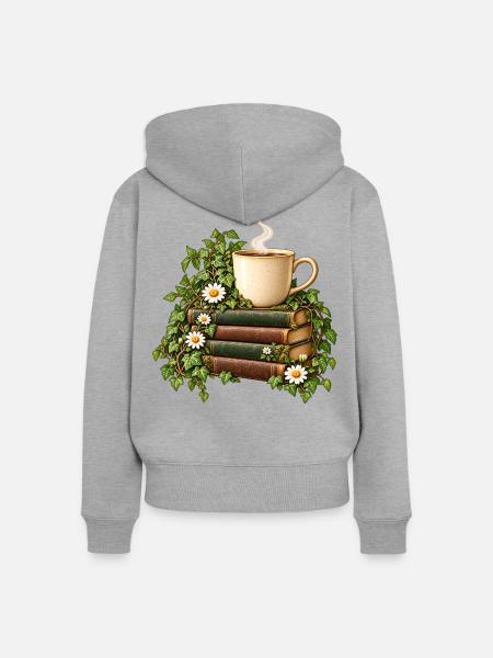 Bücherduft und Kaffeetasse - Frauen Premium Bio Zip Hoodie - Grau meliert