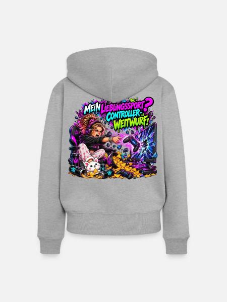 Mein Lieblingssport? Controller-Weitwurf! - Frauen Premium Bio Zip Hoodie - Grau meliert