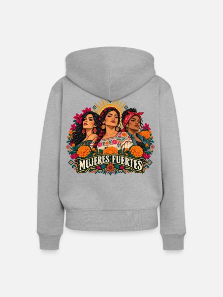 Mujeres Fuertes: Blütenkraft - Frauen Premium Bio Zip Hoodie - Grau meliert