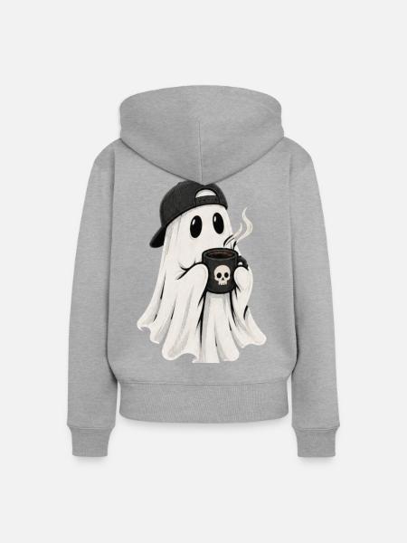 Geisterkaffee Ghost mit Cap - Frauen Premium Bio Zip Hoodie - Grau meliert