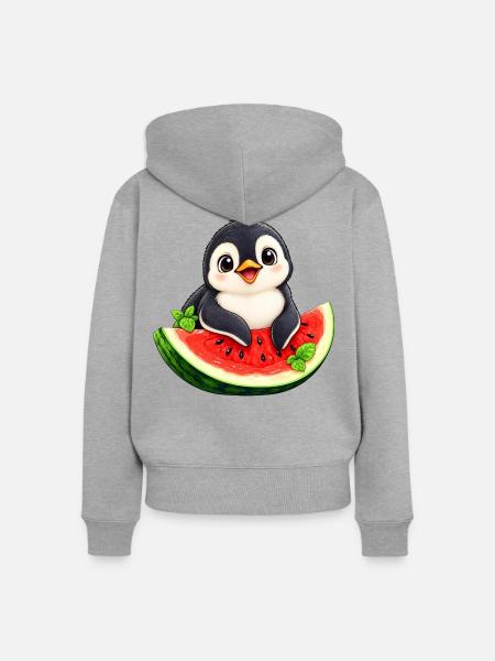 Süßer Cartoon Pinguin Melone Sommer - Frauen Premium Bio Zip Hoodie - Grau meliert