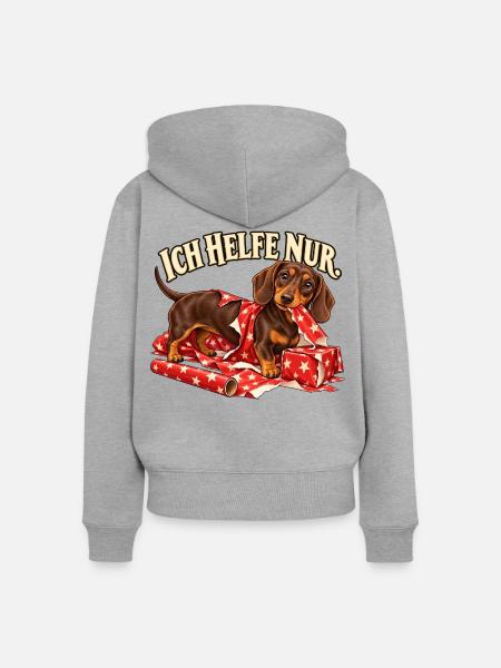 Dackel Weihnachten – Ich helfe nur - Frauen Premium Bio Zip Hoodie - Grau meliert