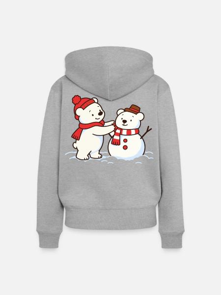 Eisbär baut einen Bären-Schneemann - Frauen Premium Bio Zip Hoodie - Grau meliert