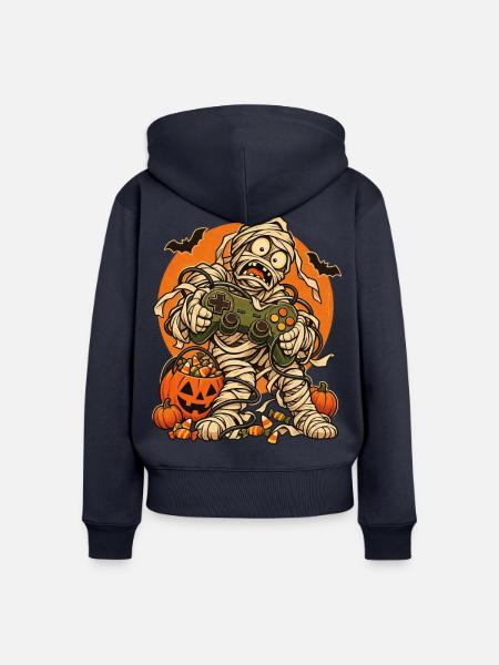 Halloween-Mumie Gamer mit Kabelsalat - Frauen Premium Bio Zip Hoodie - Navy