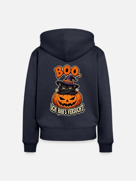 Boo Kürbiskatze mit Hexenhut - Frauen Premium Bio Zip Hoodie - Navy
