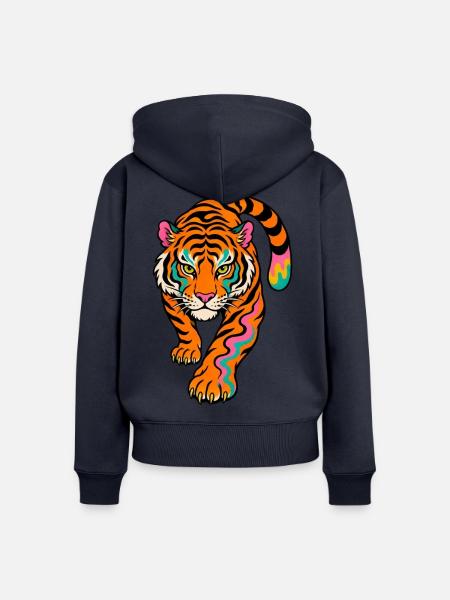 Neonfarben Tiger im Sprung - Frauen Premium Bio Zip Hoodie - Navy