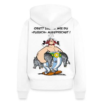 Obelix: Obst? Lustig wie du "Fleisch" aussprichst! - Frauen Premium Bio Zip Hoodie - Weiß - Hinten - AI Model Female 172 light (172cm)